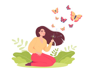 Cartoon woman sitting on grass and blowing dandelions. Girl with happy face, dandelion seeds turning into butterflies flat vector illustration. Dreams, summer, spring, nature concept for banner