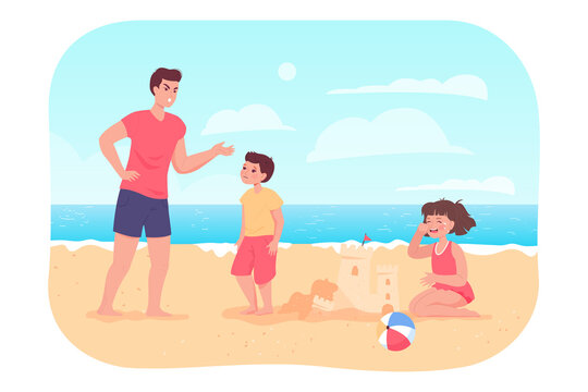 Father Scolding Son For Breaking Sand Castle Of Crying Girl. Angry Parent Or Dad Reproaching Naughty Boy Flat Vector Illustration. Family, Discipline, Conflict Concept For Banner Or Landing Web Page