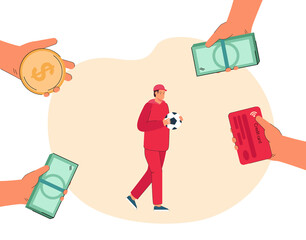 Hands of people offering money to sportsman. Man with football ball, hands holding banknotes and coins flat vector illustration. Sports, success, finances concept for banner or landing web page
