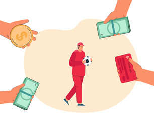Fototapeta premium Hands of people offering money to sportsman. Man with football ball, hands holding banknotes and coins flat vector illustration. Sports, success, finances concept for banner or landing web page