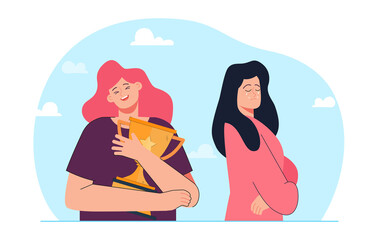 Happy winner hugging trophy and rival crying. Woman jealous and sad of girl winning competition or contest flat vector illustration. Victory, disappointment, envy, emotions concept for banner - obrazy, fototapety, plakaty