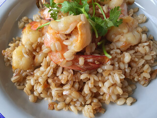 close-up Vibrant Color of stir fried wheat with shrimp top up fresh coriander