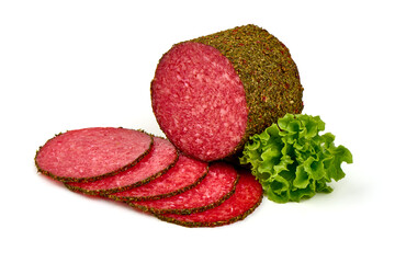 Dried organic salami sausage covered with pepper, isolated on white background.