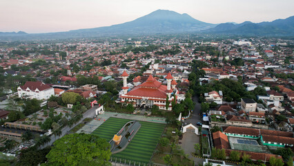 Fototapeta na wymiar Aerial view of The Largest Mosque Agung Cianjur, Ramadan Eid Concept background, Travel and tourism. Cianjur, Indonesia, July 6, 2022