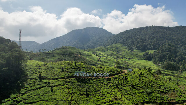 Aerial view of The Beautiful scenery on top of hill Puncak Bogor. Bogor, Indonesia, July 6, 2022