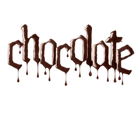 The inscription Chocolate in gothic style with dripping drops is made of melted chocolate