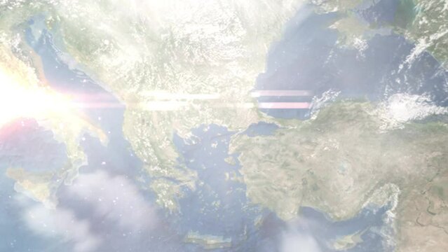 Earth zoom in from outer space to city. Zooming on Alexandroupolis, Greece. The animation continues by zoom out through clouds and atmosphere into space. Images from NASA