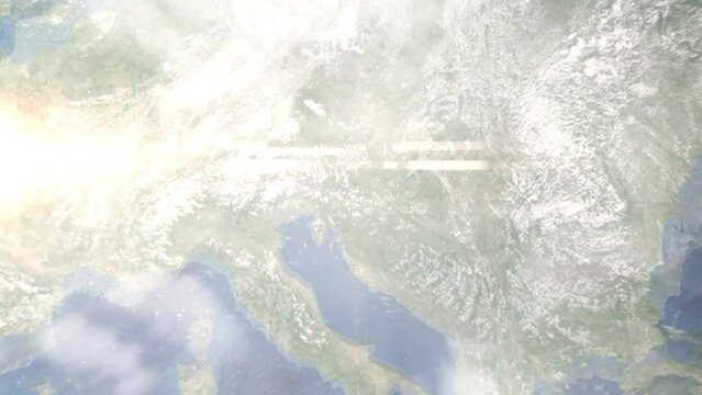 Earth zoom in from outer space to city. Zooming on Celje, Slovenia. The animation continues by zoom out through clouds and atmosphere into space. Images from NASA