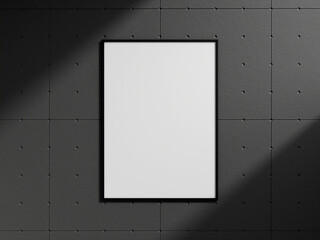 Clean and minimalist front view portrait black photo or poster frame mockup hanging on the industrial brick wall with shadow. 3d rendering.