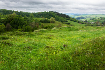 carpathian countryside landscape in spring. grassy meadows, rural fields and forested slopes on hills rolling off in to the distant village in the valley. overcast rainy weather above the ridge