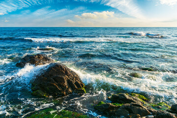 rocky coast in morning light. sea waves crashing over rocks. black sea scenery in summer