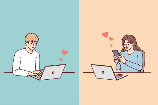 Couple texting online on gadget having relationship on distance. Man and woman message communicate on devices. Love and online dating concept. Vector illustration.