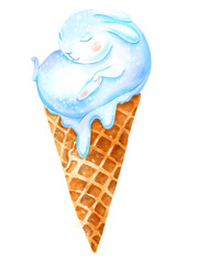 Watercolor digital illustration. bunny ice cream