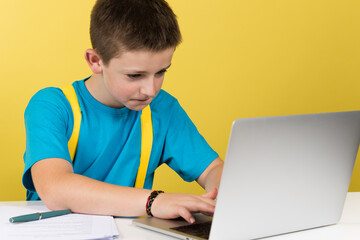 Concentrated boy typing on laptop isolated on yellow background.