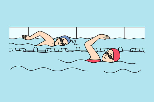 swimmers in pool, red and blue caps clip art preview