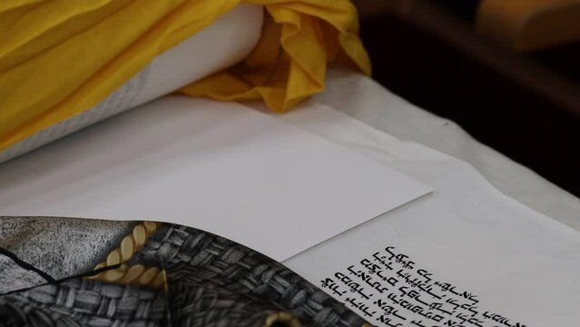 07-07-2022. jerusalem-israel. An open Torah scroll on the last page, before the introduction of a new Torah scroll