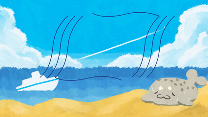 海とアザラシと風のようなコピースペースのイラスト素材 © oishipengin