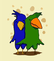Two parrots children's illustration hand drawn, family couple, vector illustration