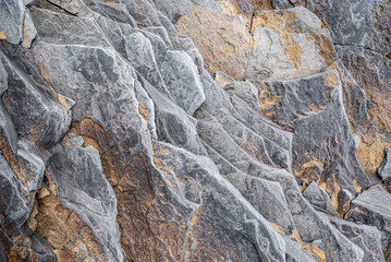 Full frame close-up of layered, slate-like structures of volcanic basalt rocks at Djúpalónssandur beach, Snæfellsnes, Iceland, also suitable as geological background texture