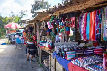 The colorful traditional products in the tribe shop in northeastern Thailand