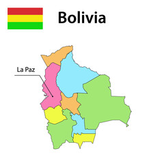 Map with borders and flag of Bolivia.