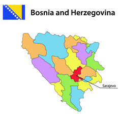 Map with borders and flag of Bosnia and Herzegovina.