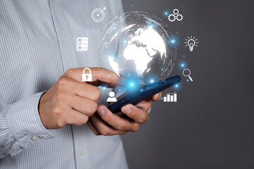 Businessman using smart mobile phones with internet technology, global internet connection and digital marketing, searching for information, finance and banking, digital link technology, big dat