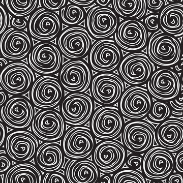 Abstract seamless pattern with spiral doodles on black backdrop. Antistress squiggle freehand texture. Vector repeating background, graphic print for wallpaper, wrapping paper, fabric. Contour drawing