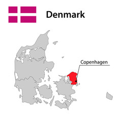 Map with borders and flag of Denmark.