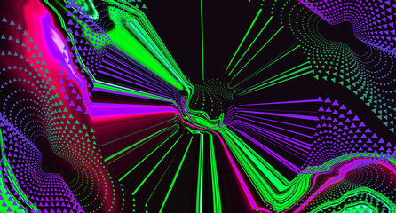 Bright fluid pink violet, black, neon green textured background. Abstract liquid purple wave. Art trippy luxury digital screen. Banner. Template. Virtual circle. NFT card. XR. Metaverse. Line. Dots