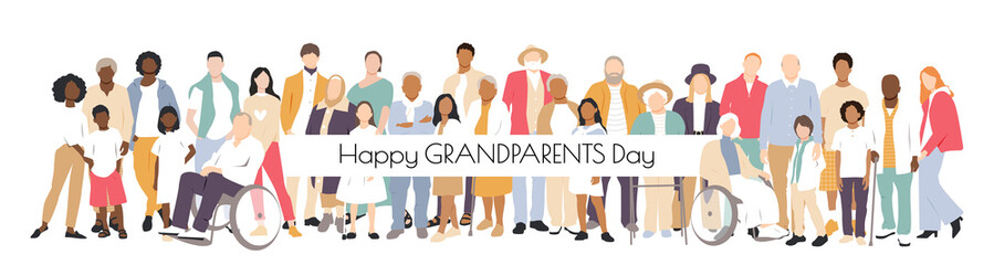 Happy Grandparents Day card. Multicultural group of families. Flat vector illustration.	