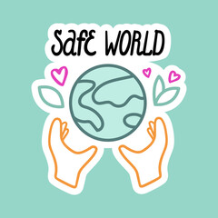 Ecology illustration. Two hands with the planet. Lettering save world. Vector poster or cover.