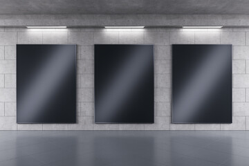 Empty three black screen banners with reflections in concrete tile urban underground interior. Advertisement and commercial concept. Mock up, 3D Rendering.