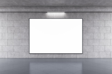 Front view on blank white billboard in black frame with place for your text or logo on grey concrete wall background in underground crossing with glossy floor. 3D rendering, mockup