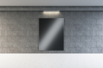 Blank black screen frame with reflections in concrete tile urban underground interior. Advertisement and commercial concept. Mock up, 3D Rendering.