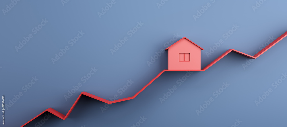 Poster rising property values concept with red house layout on rising red line graph on abstract blue backg