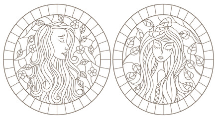 Set of contour illustrations of stained glass Windows with abstract girls on the background of tree branches, dark contours on a white background