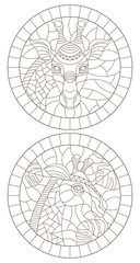 Set of contour illustrations of stained glass Windows with giraffe heads isolated on white background
