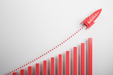 Startup and new project concept with red rocket flying up with dotted trajectory above rede growth graph on light background. 3D rendering - obrazy, fototapety, plakaty