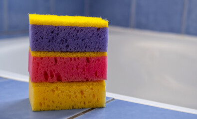 Sponges inside bathroom. Clean house. Front view.