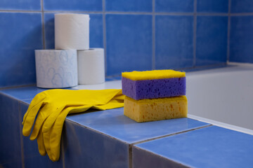 Rubber gloves and sponges inside bathroom. Closeup. Set of colorful accessory for house cleaning