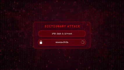 Dictionary Computer Hacking attack over red binary background with digital world map. Dictionary system password hacking concept.