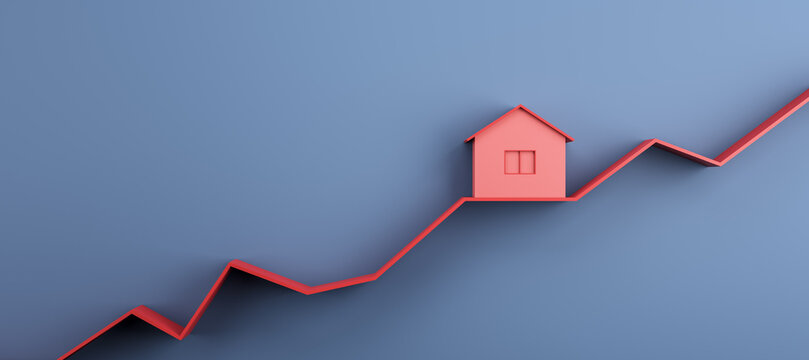Rising property values concept with red house layout on rising red line graph on abstract blue background. 3D rendering