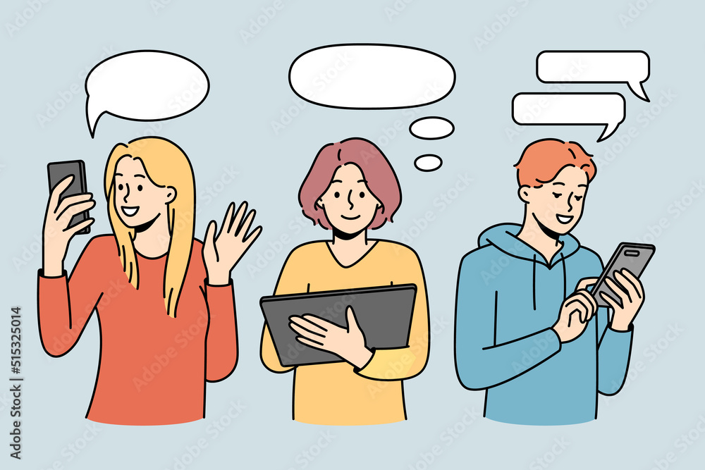 Poster people with devices communicate online. users with modern gadgets talk and message on web. distant c