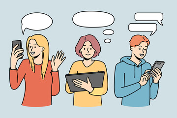 People with devices communicate online. Users with modern gadgets talk and message on web. Distant communication concept. Vector illustration. 