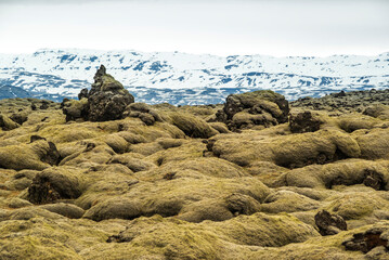 View over the moss-covered rocks of Brunahraun lava field to a mountain range belonging to Vatnajökull, Iceland, near Route 1 / Ring Road 