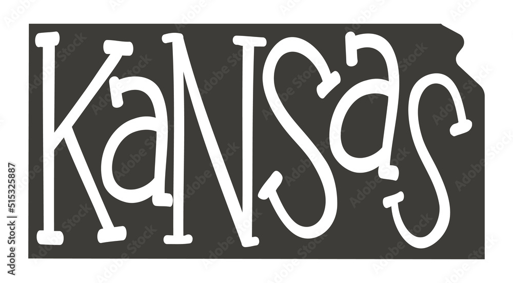 Poster kansas drawn map with text script. outline isolated illustration on a white background. kansas state