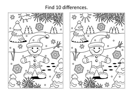 Gingerbread man find ten differences picture puzzle and coloring page
