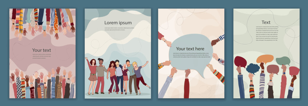 Volunteer people group concept. Editable template. Leaflet - brochure poster. Raised arms and hands of multiethnic people. Diversity. Multicultural people. Hands in a circle.Team concept