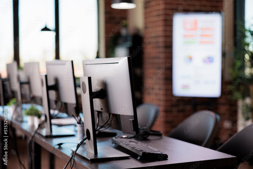 Poster nobody in office with multiple monitors at customer service desk, call center helpline support to gi